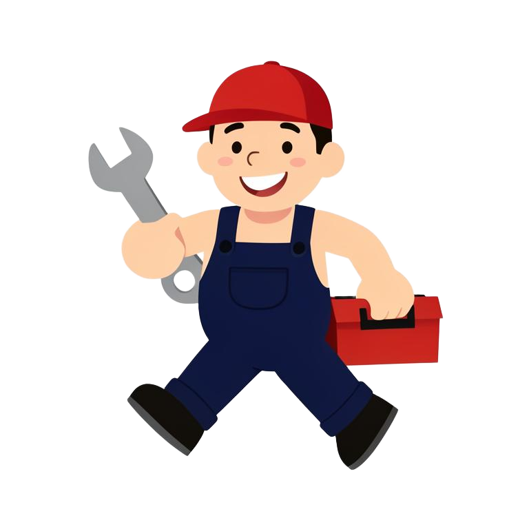 Illustration of a plumber running with a wrench and toolbox