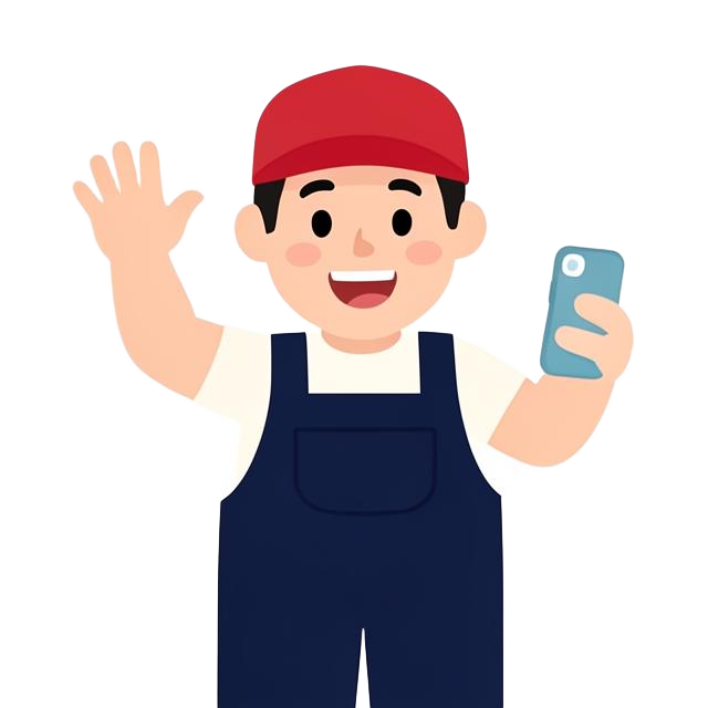 Illustration of a plumber waving with a phone